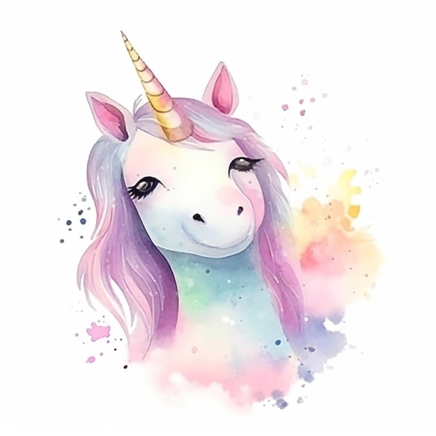 Unicornio acuarela con una melena de arco iris.