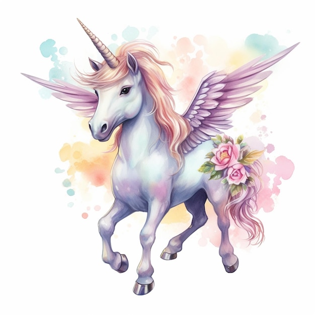 Unicornio con alas y flores en su espalda generativo ai