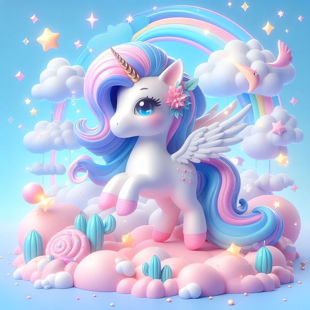 Unicornio animado 3D para niños diseño ilustración y fondo papel tapiz estilo kawaii