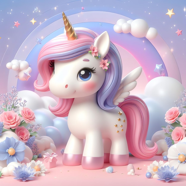 Unicornio animado 3D para niños diseño ilustración y fondo papel tapiz estilo kawaii