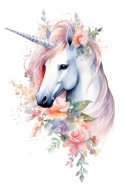 Unicórnio aquarela clipart bonito isolado no fundo branco com Generative AI Technology