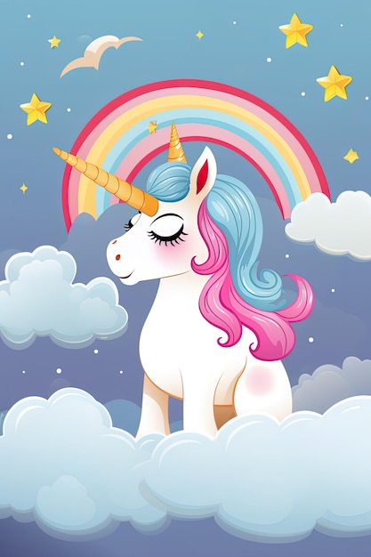 Unicornio con arco iris en el cielo ilustración de arte vectorial