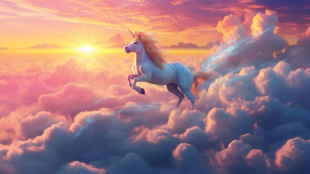 unicornio arco iris corriendo en las nubes