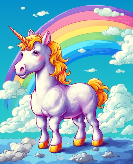 Un unicornio con un arco iris en el fondo