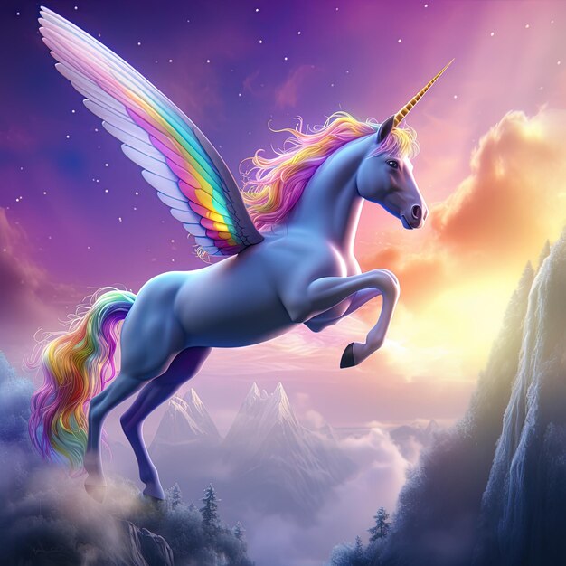 Foto un unicornio con un arco iris en su cola está volando por el cielo