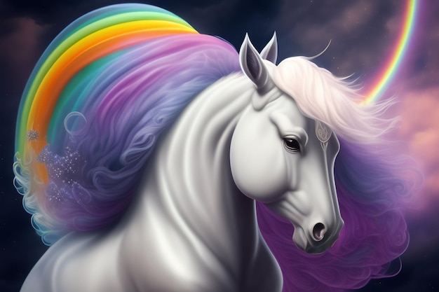 Un unicornio con un arcoíris en la cabeza.