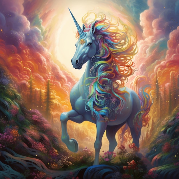 Unicornio en el arte de la ilustración del cielo.