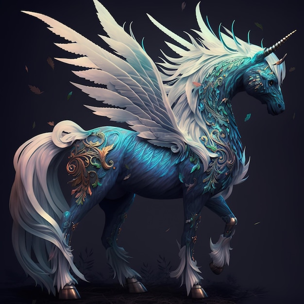 Un unicornio azul y blanco con cola y alas blancas.