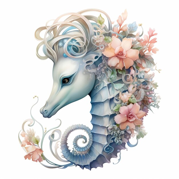 un unicornio azul y blanco con flores y cabeza blanca.