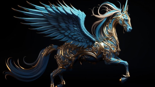 unicórnio azul com asas douradas