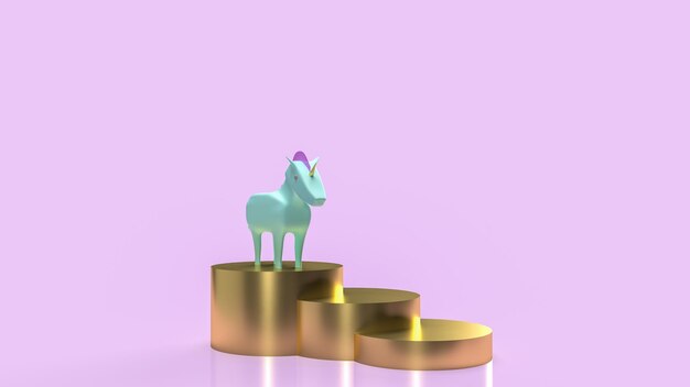 El unicornio azul y las escaleras doradas para la representación 3d del concepto de inicio
