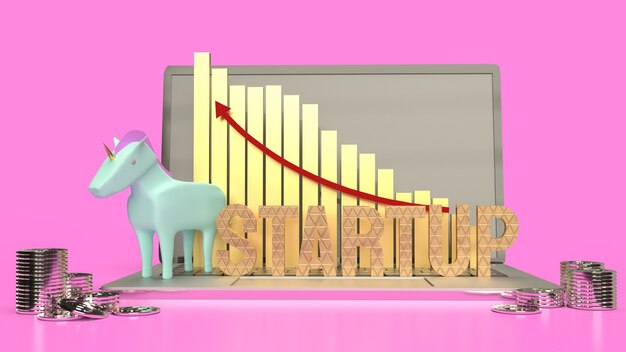 El unicornio azul y la flecha del gráfico hacia arriba para la representación 3d del negocio de inicio de símbolo