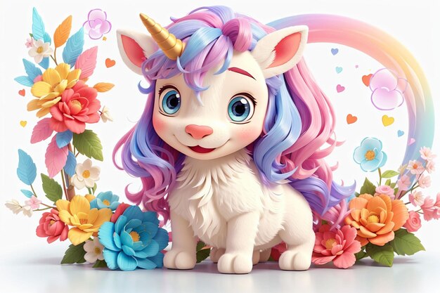 Unicornio bebé lindo en 3D con flor en fondo blanco