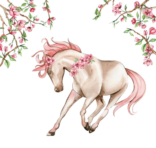 Unicornio blanco con alas rosas y flores rosas.