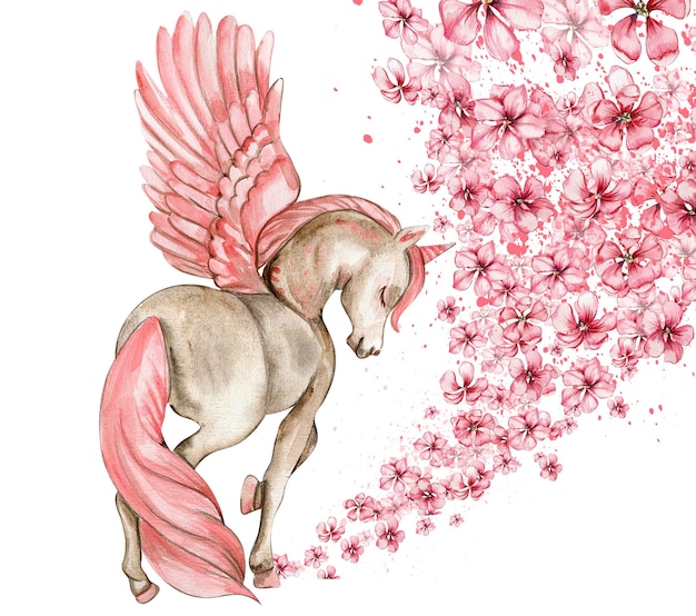 Unicornio blanco con alas rosas y flores rosas.