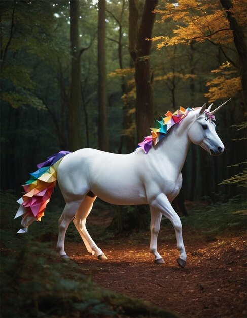 Foto un unicornio blanco con un arco iris en la espalda está caminando en el bosque