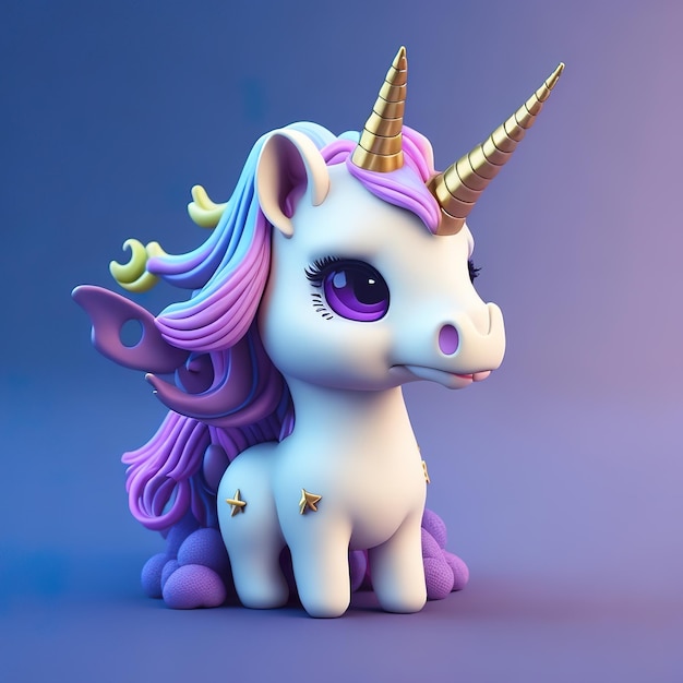 Un unicornio blanco con cabello morado se encuentra en una isla con un unicornio morado.