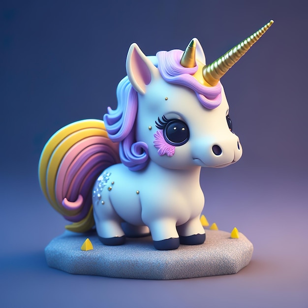 Un unicornio blanco con cabello morado se encuentra en una isla con un unicornio morado.