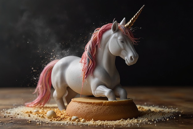 Foto un unicornio blanco con cabello rosa y rojo está de pie en una mesa