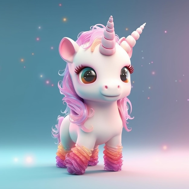 Un unicornio blanco con cabello rosado y cola morada se sienta sobre un fondo azul.