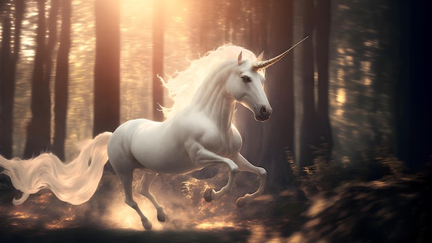 Unicornio blanco corriendo en el bosque a la luz del día arte generado por la red neuronal