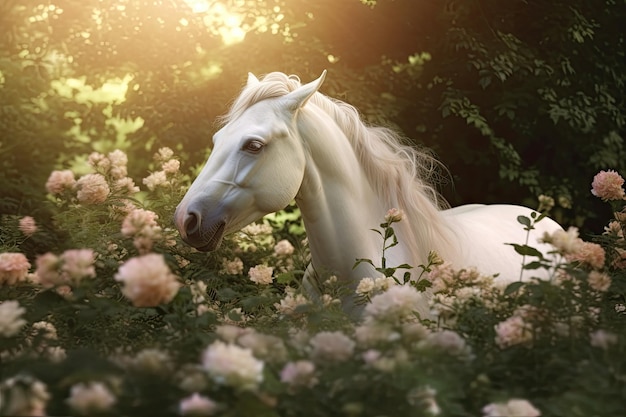 Un unicornio blanco corriendo en los sueños flores generativo Ai