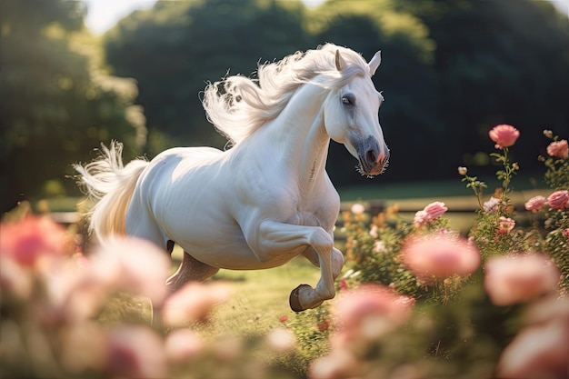 Un unicornio blanco corriendo en los sueños flores generativo Ai