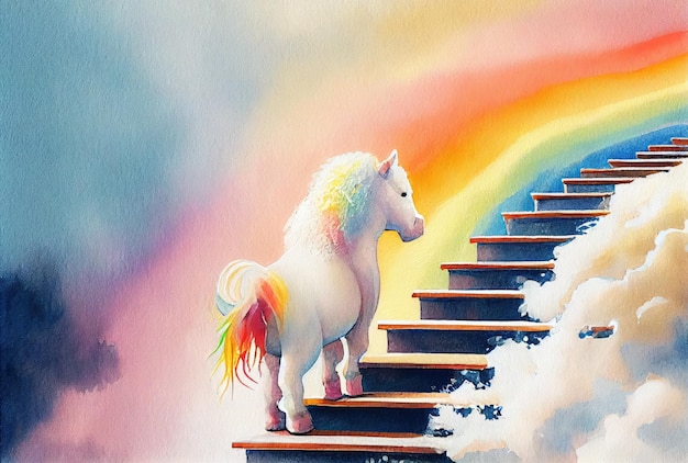 El unicornio blanco está subiendo las escaleras para llegar a la cima del éxito en el fondo del arco iris Metáfora empresarial y concepto de éxito Ilustración de fantasía de arte digital IA generativa