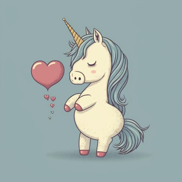 Un unicornio blanco con un globo en forma de corazón en su boca generativo ai