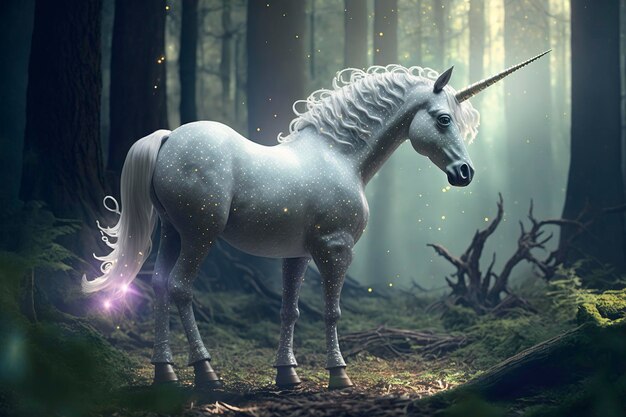 unicornio blanco en medio del bosque con fondo de luz solar, ai creativo