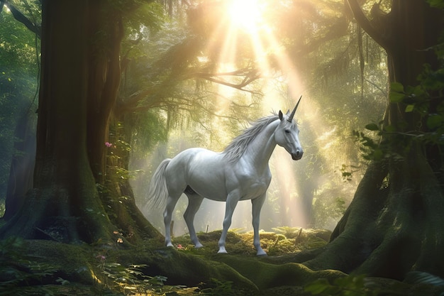 Unicornio blanco en medio del bosque