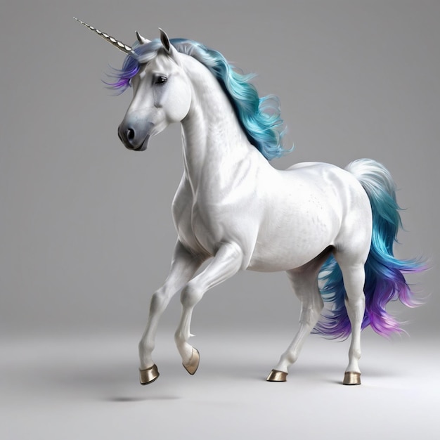 Unicornio blanco con melena azul en un fondo gris 3d que muestra a un caballo blanco corriendo