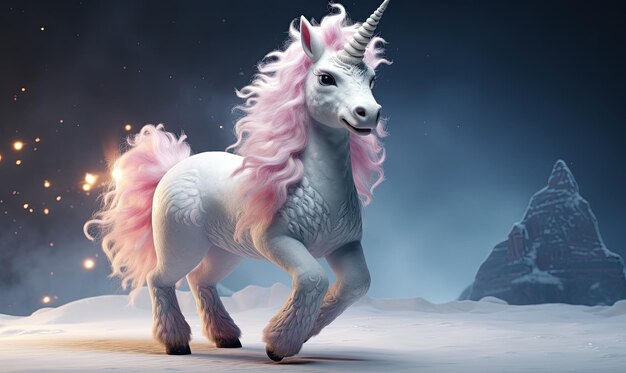 Un unicornio blanco con una melena rosa corriendo por la nieve