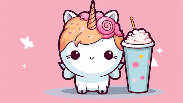 Unicórnio bonito bebendo chá de leite boba com rosquinha ilustração de ícone vetorial de desenho animado de bebida animal plana