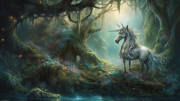 Un unicornio en un bosque con un árbol al fondo.