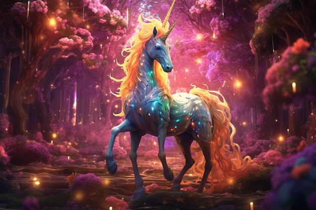 Unicornio en el bosque de la fantasía Cuento de hadas renderización 3D