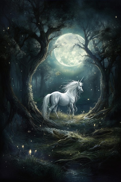 Un unicornio en un bosque con una luna llena en el fondo.