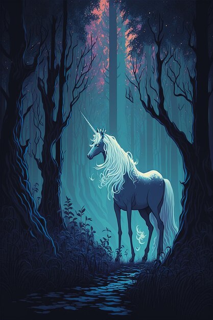 Un unicornio en un bosque con una luz encendida.