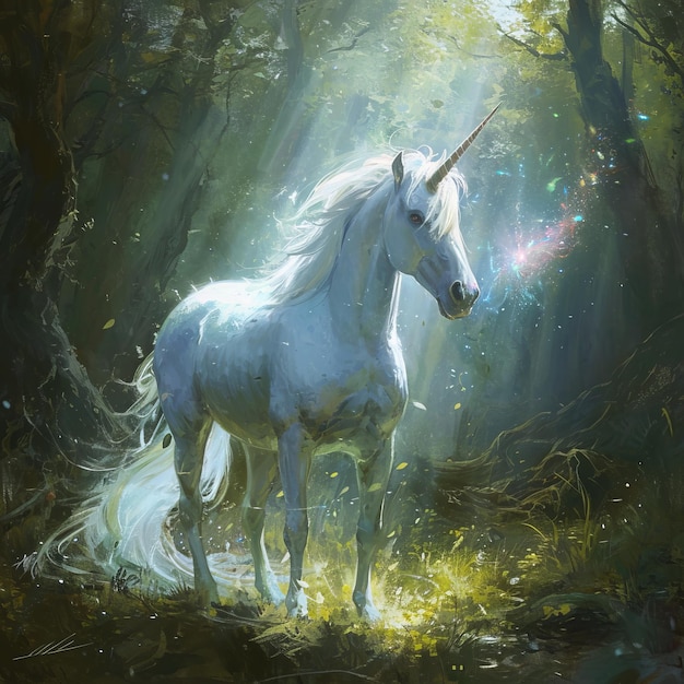 Unicornio en un bosque mágico con un cuerno brillante