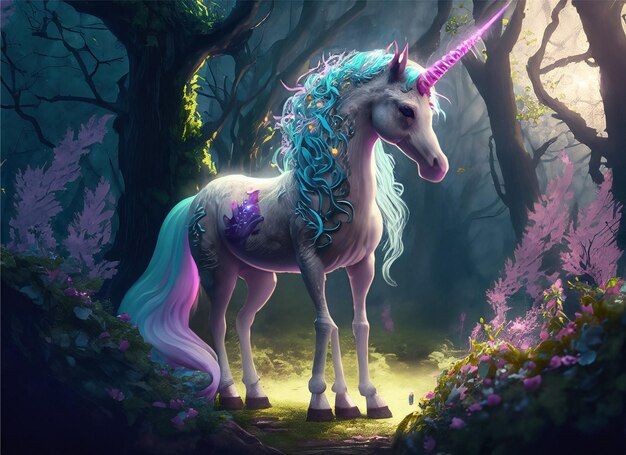 Un unicornio en un bosque mágico