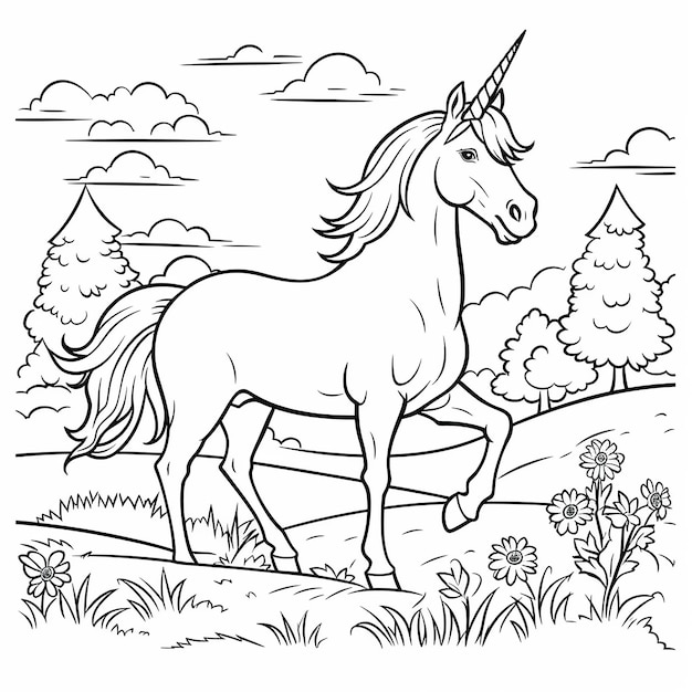 Unicornio en el bosque página para colorear