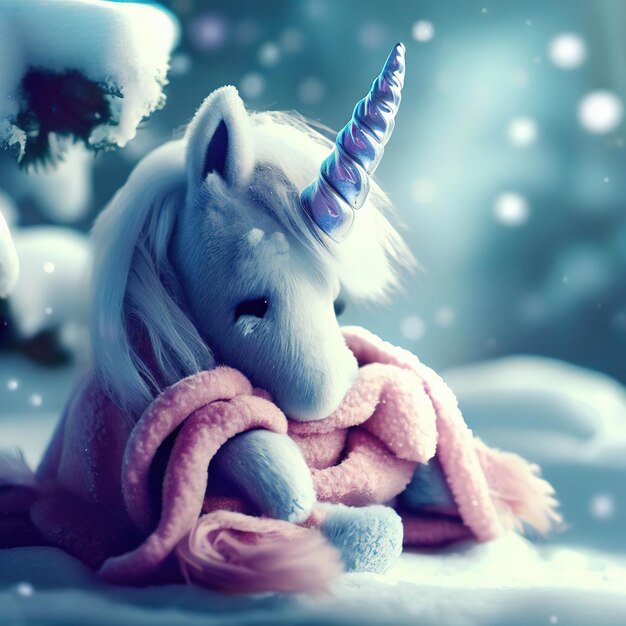 Foto un unicornio con una bufanda rosa se sienta en la nieve.