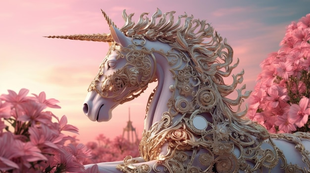 Un unicornio con cabello dorado y blanco y un cuerno dorado.