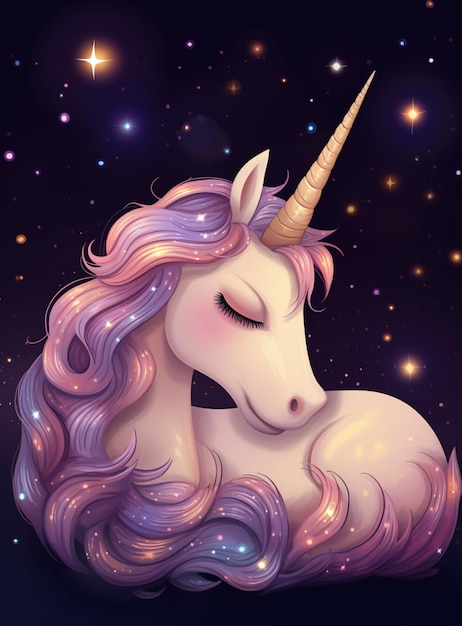 Unicornio con cabello largo y un fondo de cielo lleno de estrellas ai generativo