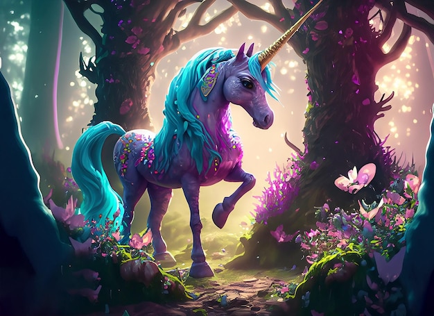 Un unicornio con cabeza azul y cabello azul está parado en un bosque.