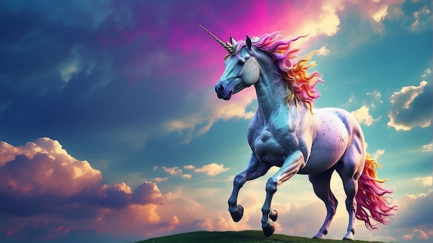 un unicornio colorido en un cielo nublado