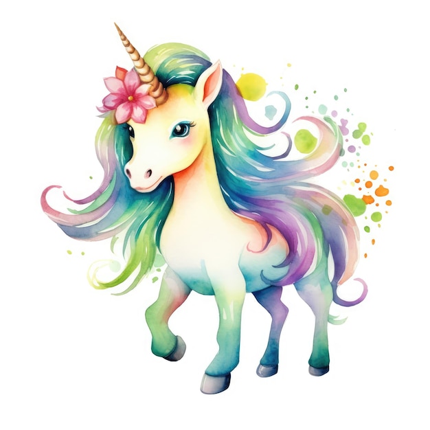 un unicornio colorido con una melena y una cola coloridas.