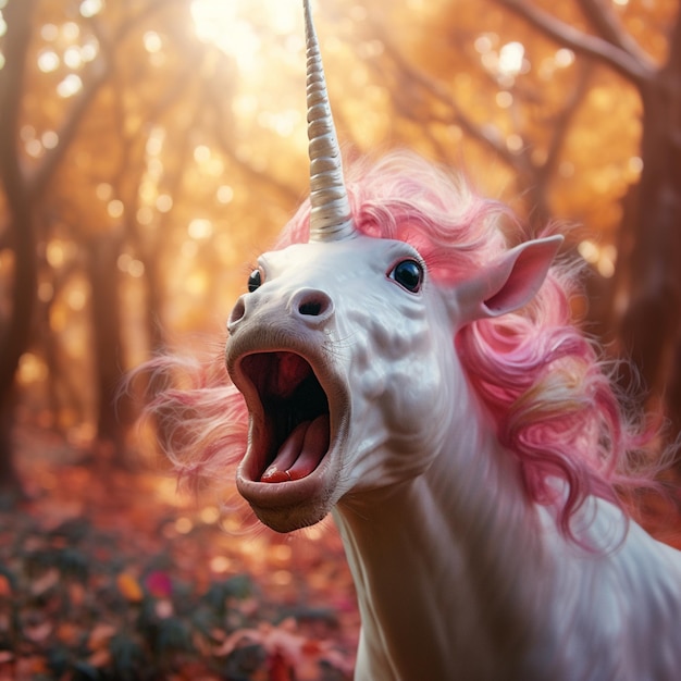 Foto unicórnio com cabelo rosa e rosto branco com chifre generativo ai