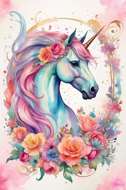 Unicórnio com flores Ilustração a aquarela para o seu desenho