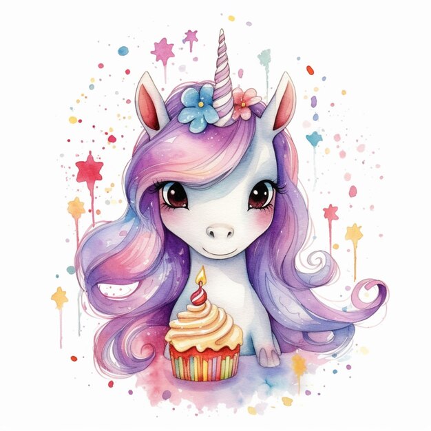 unicórnio com um cupcake e uma flor na cabeça ai generativa